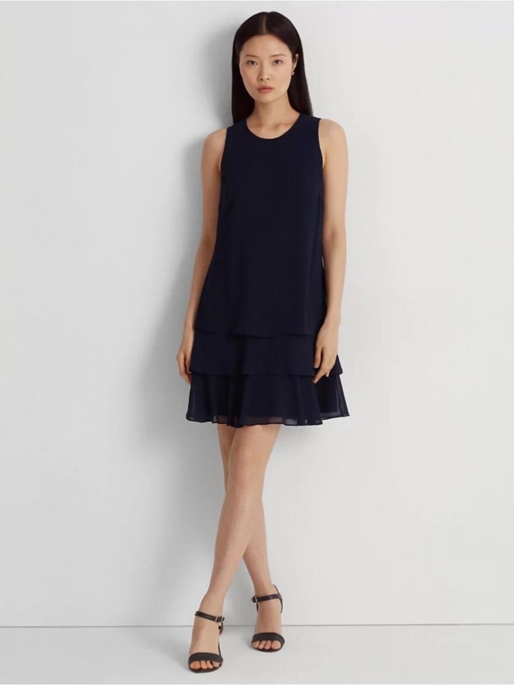 NWT Lauren Ralph Lauren Navy Crinkle Georgette Shift Tiered Dress